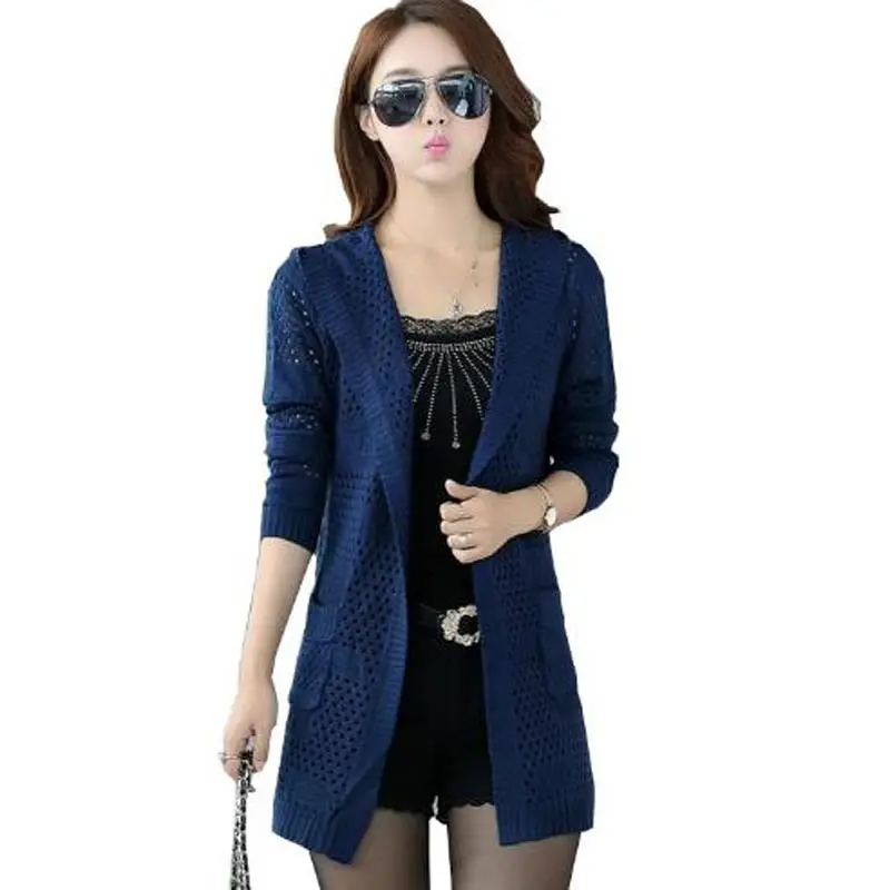 

spring autumn new women's knitted cardigans women long solid sweaters hollow hooded shawl for ladies plus size thin kl0440