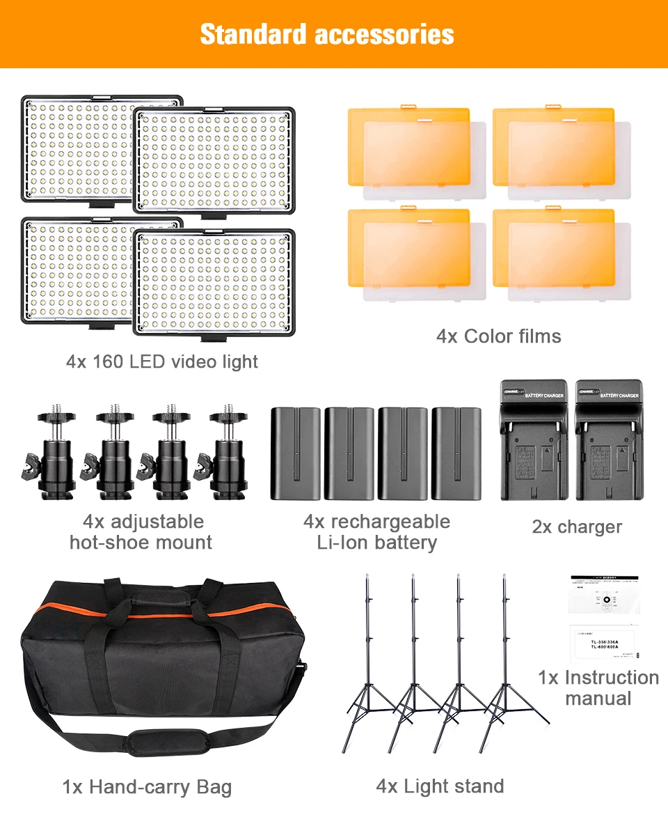 Travor 4 в 1 160 студийный светильник с регулируемой яркостью, светильник для камеры, панель для цифровой камеры DSLR, видеокамера, светильник для фотосъемки с 4 батареями
