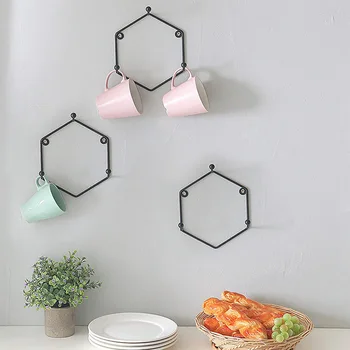 

Nordic Storage Rack Iron Hexagon Wall Mounted Cup Holder Key Bag Hanger Kitchen Hanging Holder Shelf Background Wall Decoration