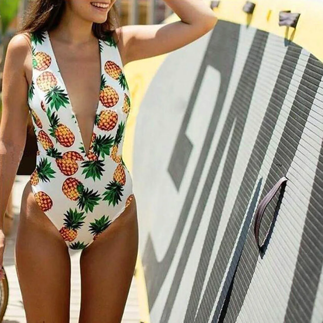 Sexy Summer Beach Bikini Swimsuit Women Deep V Neck Pineapple Bodysuits 