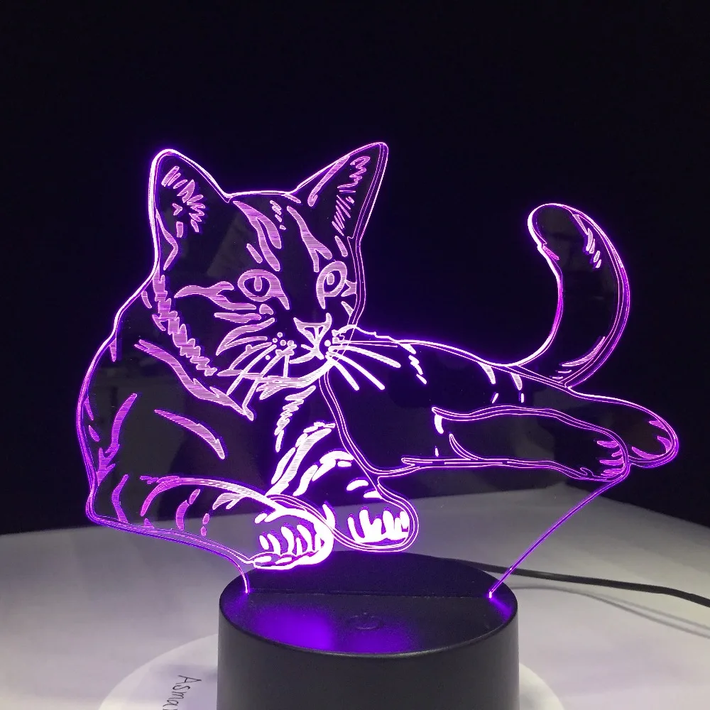 Акриловый светодиодный ночник с 7 цветными котами 3D USB сенсорный светильник милый