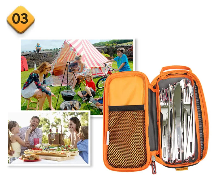 Inoxidável ao ar Utensílios de Mesa Livre Churrasco Acampamento Grande Capacidade Faca Garfo Colher Pauzinhos Receber Bolsas 14 Pçs Aço 8 Esporte e Lazer