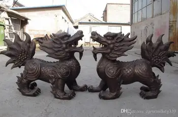 

China Classic Copper Bronze FengShui Evil Foo fu Dog Lion Kirin kylin beast Pair