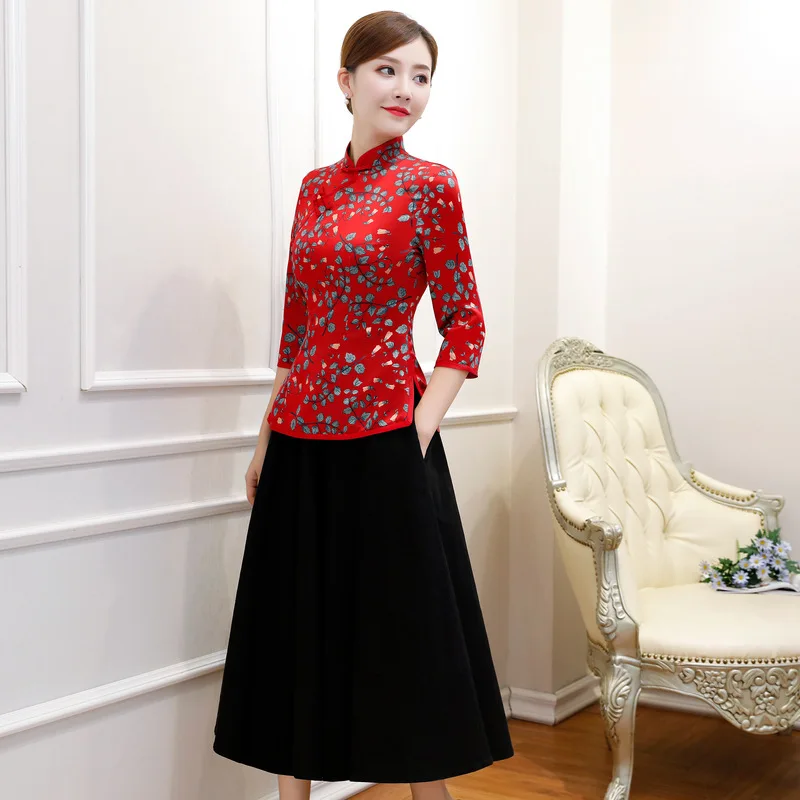 Summer Women's 2pcs Shirt Skirt Suit Vintage Chinese Lady