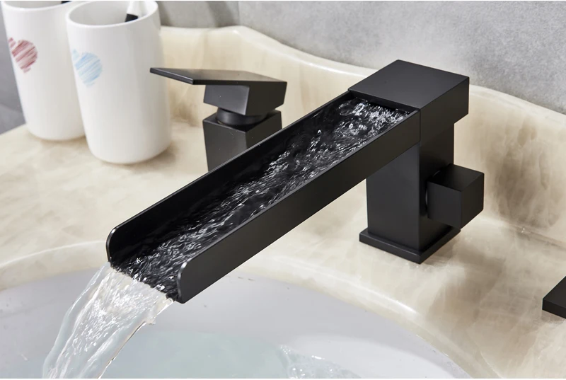 Матовый черный водопад кран для ванны с одной ручкой на бортике с длинным носиком Смеситель для ванны выдвижной ручной душ широко распространенный кран для ванны