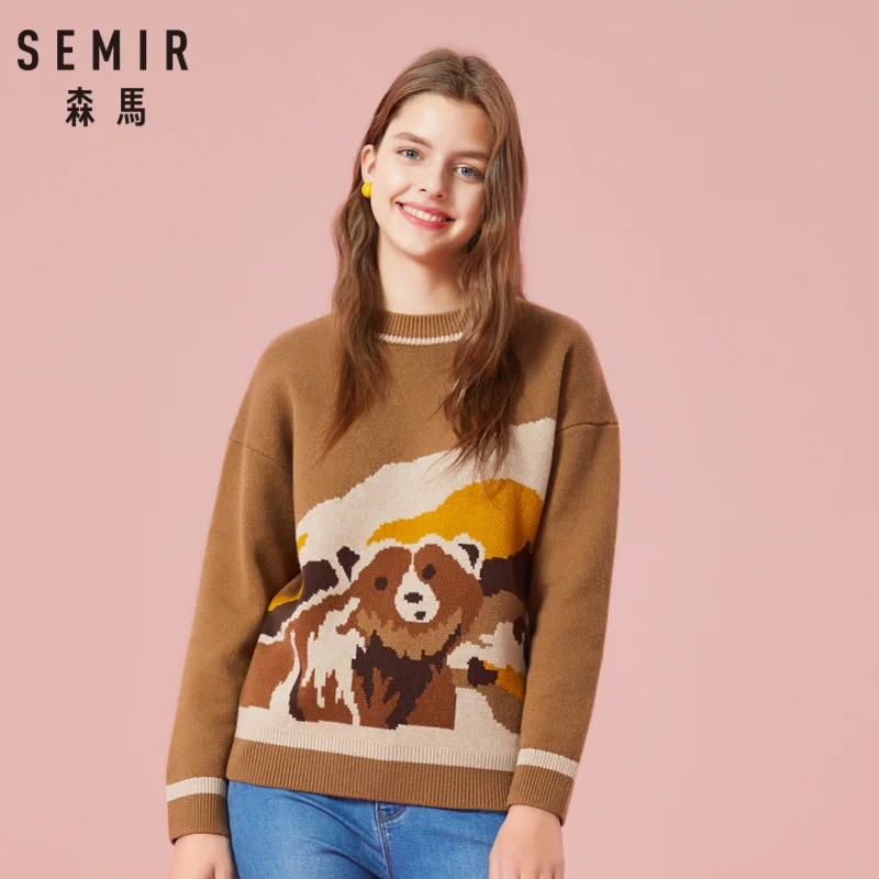 

SEMIR Women Contrast-Trimed Jacquard-knit Sweater Dropped Shoulder Pullover Sweater Ribbing at Neckline Cuff and Hem for Winter