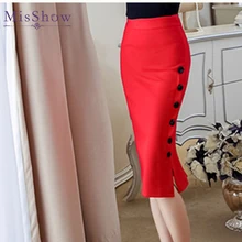 Плюс Размеры модные женские туфли работы пикантная юбка средней длины Открыть щель кнопка тонкий элегантная юбка карандаш офисные женские юбки красные, черные