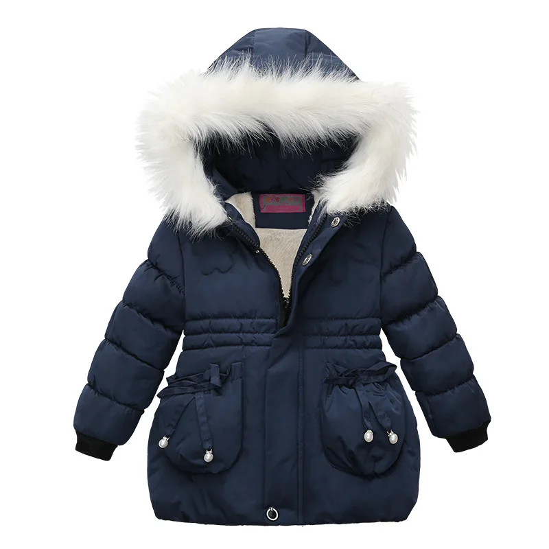 Зимний теплый воротник из густого меха, Детское пальто, детская верхняя одежда, ветрозащитная флисовая подкладка, куртки для маленьких девочек 90-110 см - Цвет: Navy