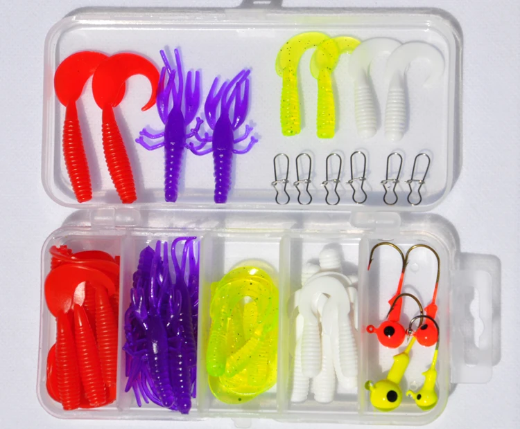 50pcs grub soft lures combo fishing rubber worm baits set jig fishing