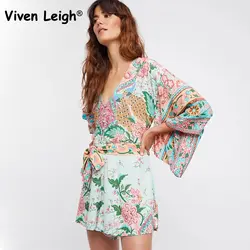 Viven leigh 2018 Для женщин лотоса Подпись Цветочный павлин печати ползунки Boho Хиппи V Средства ухода за кожей Шеи кимоно рукава талии галстук