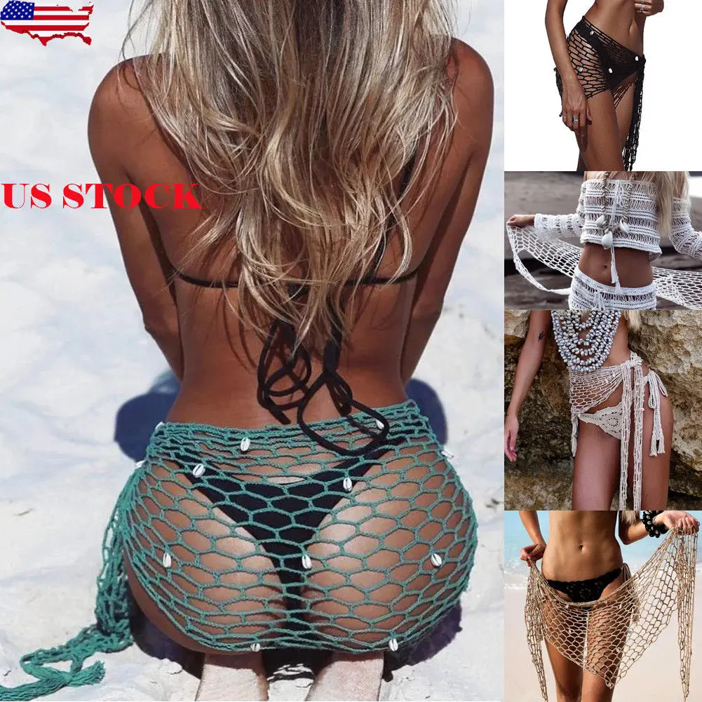 

Hirigin Summer Women Net Hollow Out Crochet Triangle Bikini Cover Up With Shell Beach Sarong Wrap Skirt Scarf 2019 Hot
