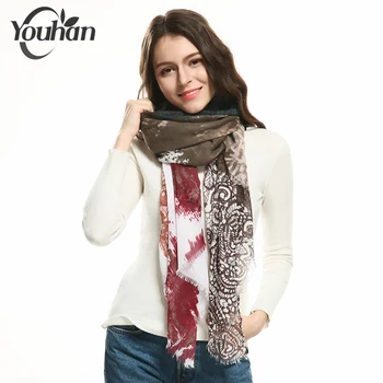 

YOUHAN 2018 Fashion Women Scarf Flower Print Cotton Long Foulard Scraf Large Color Geometric Printed Wrap Echarpe Shawls Hijab