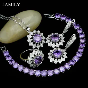 

Fashion Silver 925 Jewelry Sets Purple Crystal Fashion Bracelet/Drop Earrings/Pendant/Ring/Necklace Jewellery Set For Bridal