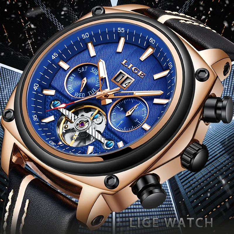 

New LIGE Brand Mens Watches Automatic Mechanical Watch Tourbillon Sports Watch Leather Casual Business Clock Relogio Masculino