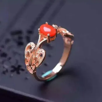 

Fidelity Natural red coral Ring s925 sterling silver Natural 4*6mm red gemstone hollow lace ring fine Jewelry for women