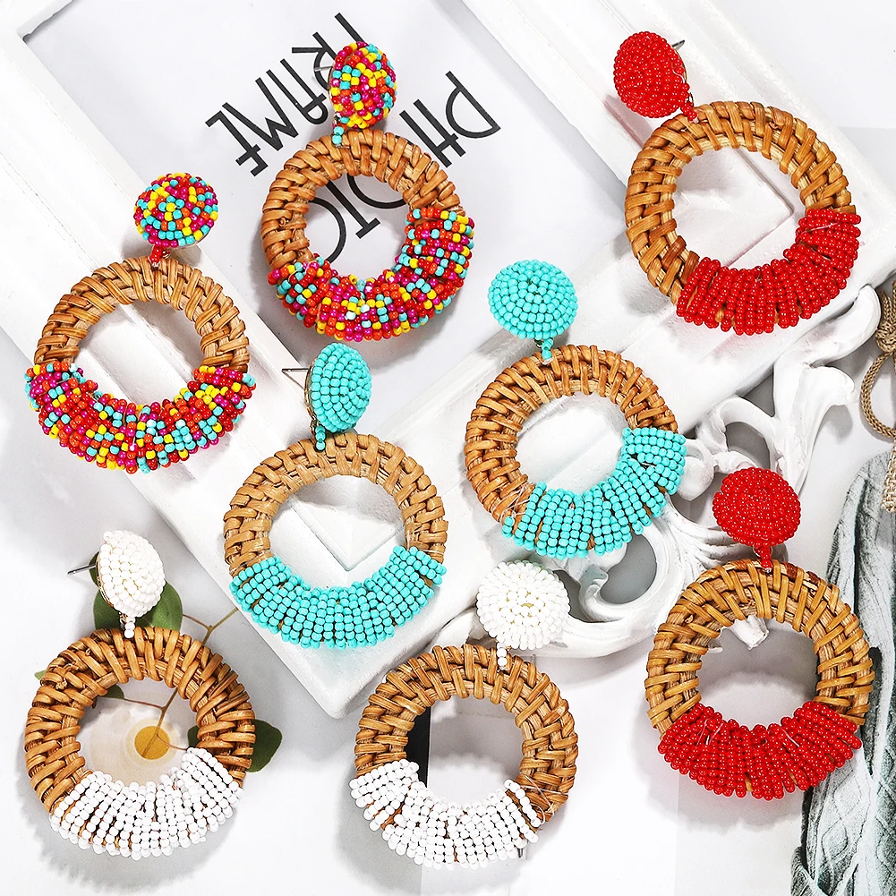 

Dvacaman Rattan Knit Beads Drop Earrings Woven Hollow Round Bamboo Statement Earrings Raffia Fashion Women Accessories Wholesale