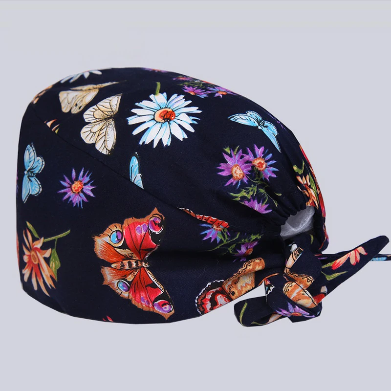Viaoli новая хлопковая мочалка шапки для Для женщин и мужчин медицинские Шапки принтом кота в черный Tieback эластичный участок хирургические