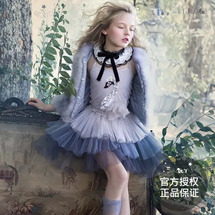 

Girls Outfits Children's Sequin Swan Suits Baby Girl Swan Sling and Gradient Color Swallowtail Fluffy Half Skirt 2 Pieces Sets