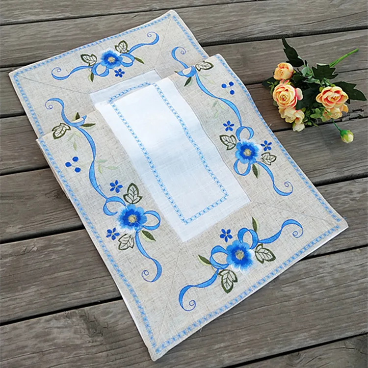 

Modern linen christmas table runner blue floral embroidered tablecloth flag home decor tapestry Table Cover Textile T071