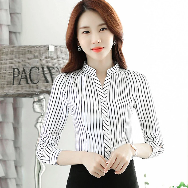 Blusas Mujer De Moda Autumn Chiffon Blouse Korean Vogue Striped Blouse Women Button Stand Long Sleeve Womens Tops And Blouses
