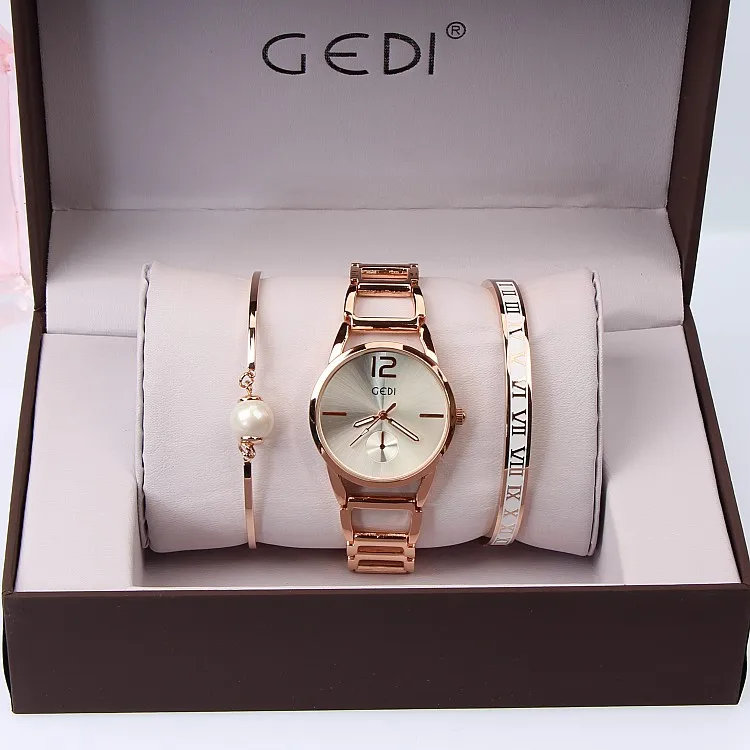 Роскошные Брендовые женские часы комплект из 3 предметов, модные вечерние часы GEDI, креативный дизайн, часы-браслет Relojes Mujer relogios