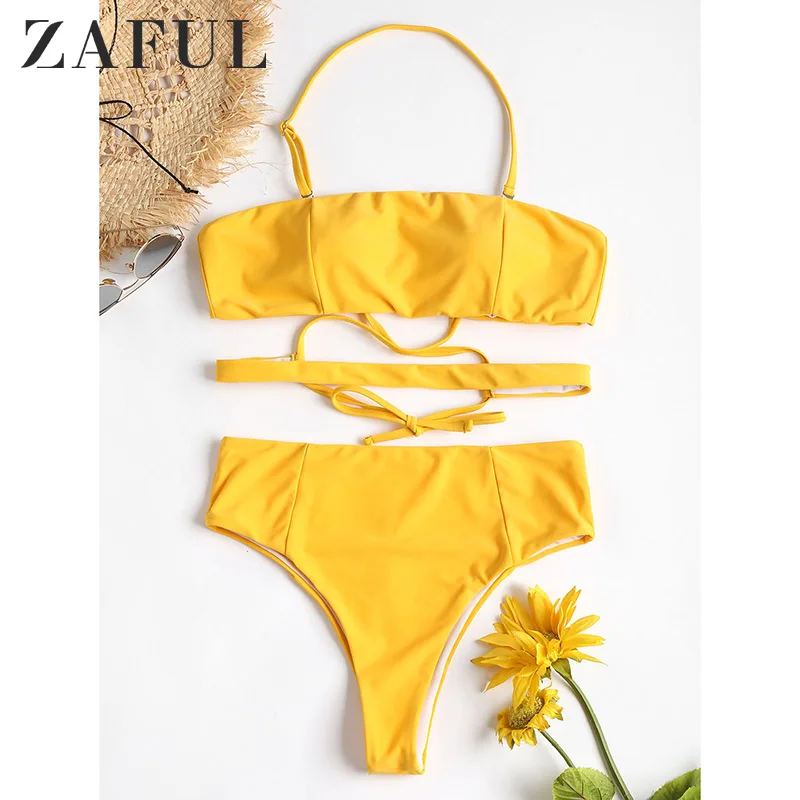

ZAFUL Women Sexy High Cut Cross Tied Bikini Sets Summer Halter High Waist Padded Swimwear Beachwear Maillot De Bain Femme