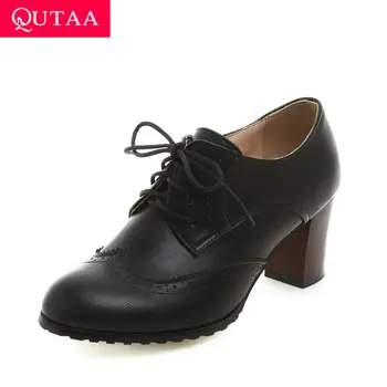 

QUTAA 2020 Casual Thick High Heel Retro Round Toe Lace Up Women Ankle Boots Spring Autumn Comfortable Single Shoes Size 34-43