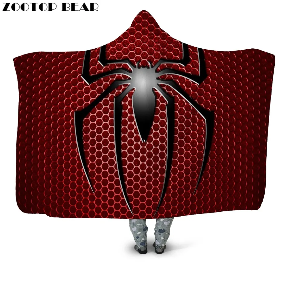 

Red Color Hooded Blanket Spider Man Symbols Print Sherpa Fleece Wearable Throw Blanket Adult Super Hero Bedding Bedspread