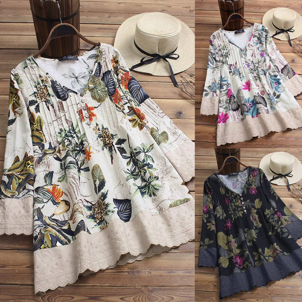 Модная женская блузка с длинными рукавами, винтажная блузка с цветочным принтом, Лоскутная Блузка, кружевные топы, женские блузки