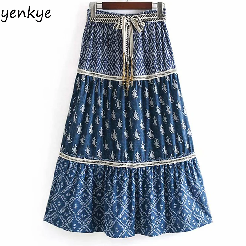 

Holiday Boho Skirt Vintage Belt Print Skirts Womens Elastic High Waist A-line Long Summer Skirt faldas mujer moda 2019 CCWM9088