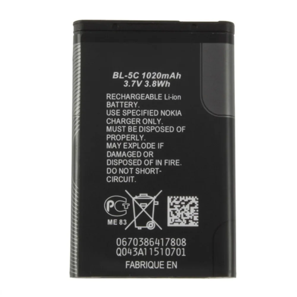 

High Capacity Replacement Black Battery Lithium 1020mAh 3.7V 3.8 wh Battery for Nokia BL-5C Lithium Ion