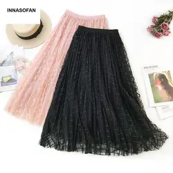INNASOFAN Тюлевая плиссированная юбка для женщин весна-лето клетчатая-Высокая талия юбка Евро-американская Модная элегантная длинная юбка