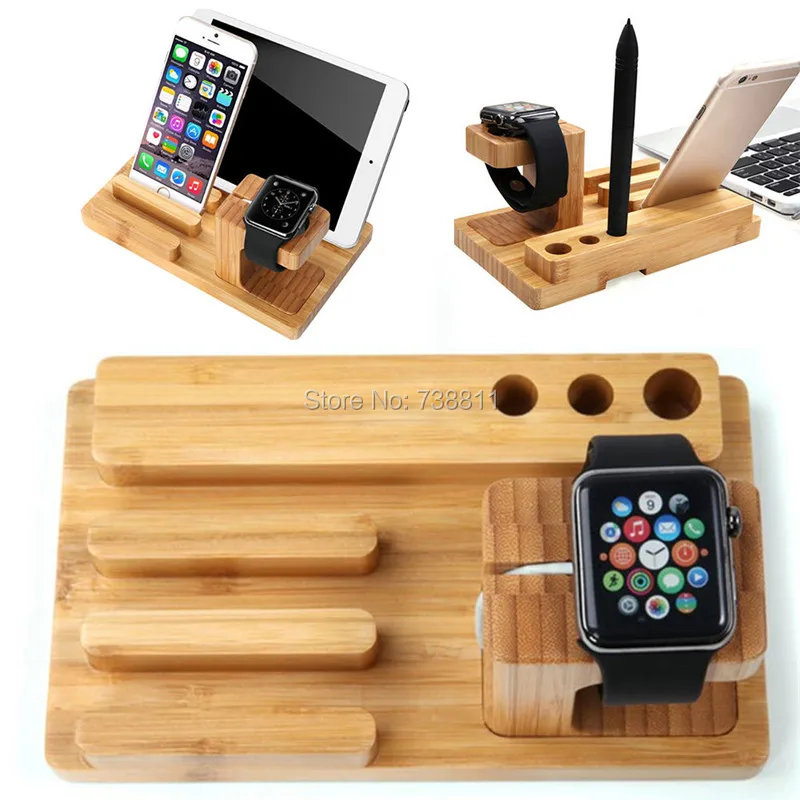 3 in 1 Wooden Desk Stand Holder Charge Dock Station For Apple iWatch iPhone iPad
