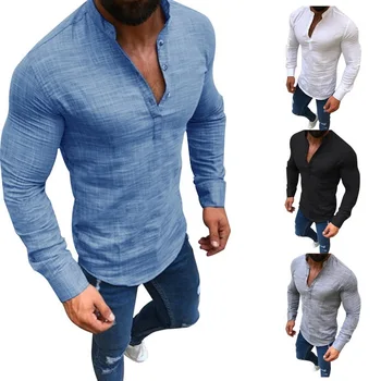 

Fashion Shirts solid color stand collar long-sleeve casual shirt linen half-open shirt men street wear blue shirt mens