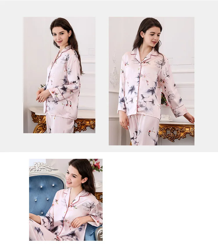CAVME роскошные шелковые пижамы наборы для Для женщин элегантные женские Pyama, комплекты одежды больших Размеры с принтом длинный рукав штаны Домашняя одежда для сна