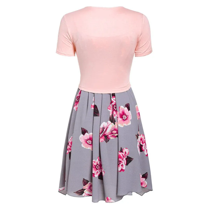 New Fashion Women Summer Short Sleeve Front Cross Cross Top Floral Print Mini Dress Elegant Ladies Casual Party Vestidos #4R09   (9)