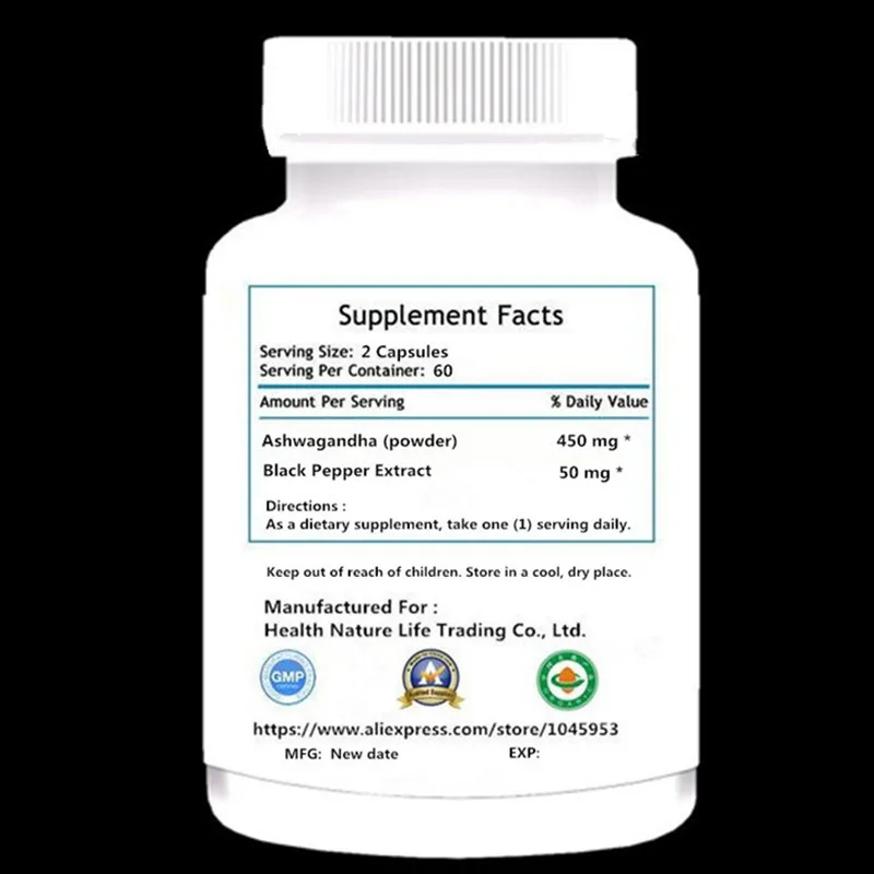 Органическая Ashwagandha 1000 мг добавка для снятия стресса поддержки беспокойства и
