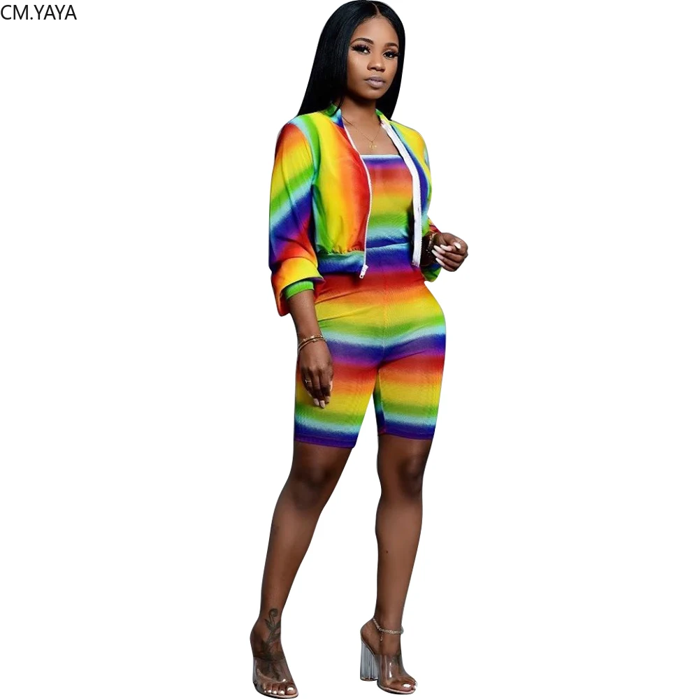 

2019 women Rainbow Striped print Coat + jumpsuits Sweatsuits Biker Summer Sexy Club Outfits two piece set tracksuit GL5247