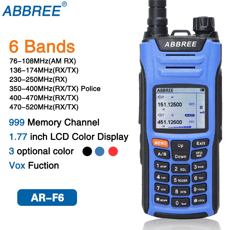 ABBREE AR-F6 6 полос рация двойной дисплей 999CH VOX DTMF SOS сканирование секундомер функциональный ЖК-дисплей цветной дисплей радио ветчины