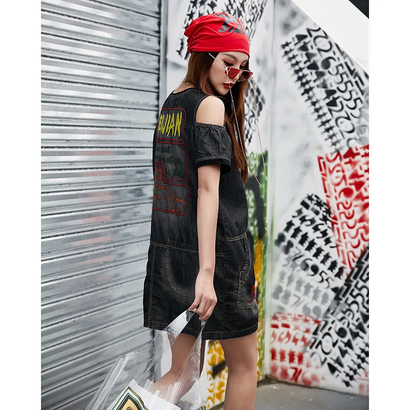 Punk Rock Jean shirt dress Open Shoulder Above Knee women dresses Short Sleeve 2019 New Women Denim Clothing summer LT924S50