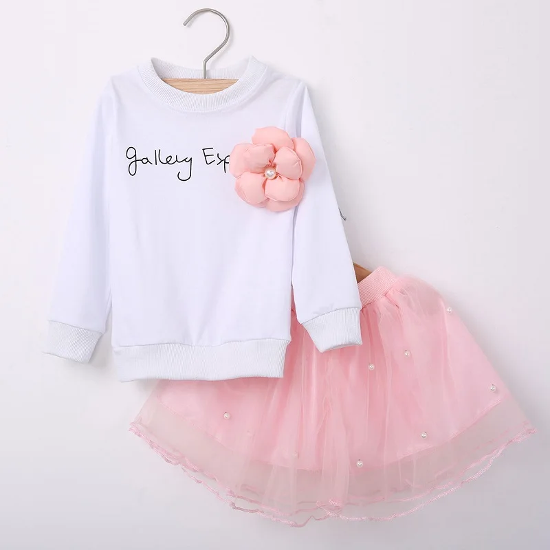 

Cute Princess Outfits Baby Girls Tops Long Sleeve T-shirt Pink Tulle Tutu Skirts 2pcs Set Clothes