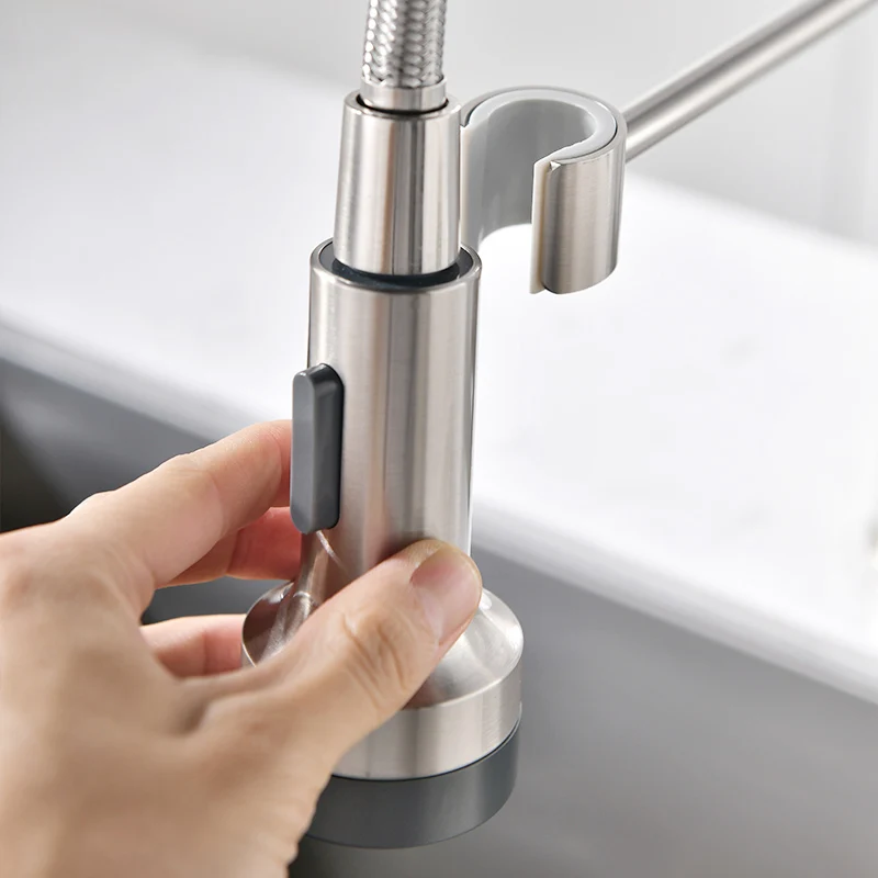 Fapully Kitchen Faucet LED Light Deck Mounted Brushed Spring Pull Down Dual Spray Spout Hot and Cold Water Kitchen Mixer Tap