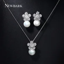 NEWBARK Simulated Pearl Jewelry Sets White Gold Plated Flower CZ Stone Romantic Pendant Necklace Earring Set Engagement Bijoux
