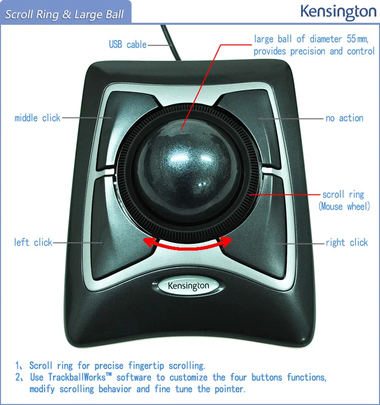 Kensington Original Trackball Expert mouse оптическая USB для ПК или ноутбука(большое кольцо для прокрутки шариков) с розничной упаковкой