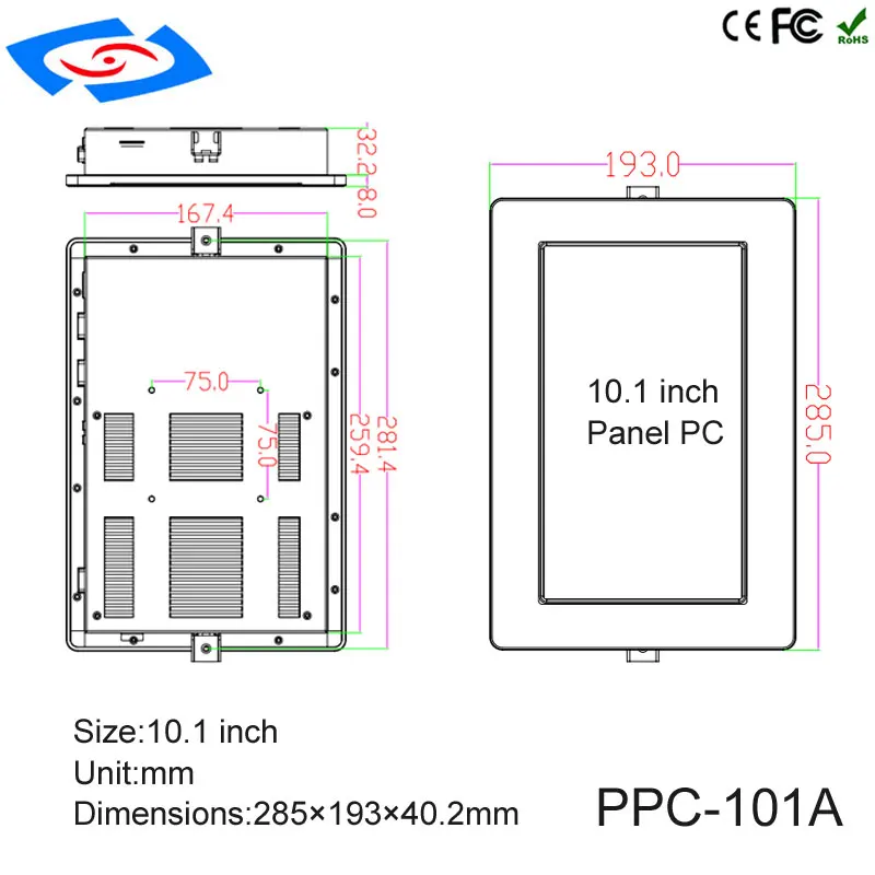 Настенное крепление 10,1 дюймов 4 Гб оперативной памяти 64 Гб SSD 2xlan Сенсорный экран промышленных Панель ПК для монитора