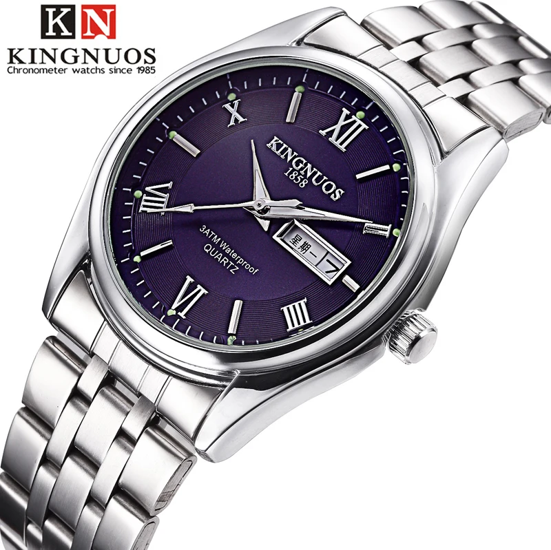 KINGNUOS Black Stainless Steel Men's Watches Analog Date Waterproof Quartz Business Watch Modern Male Female Casual Timepiece (8)