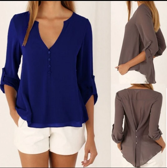 2019 جديد المرأة البلوزات الصلبة طويل كم فتاة قمصان أزياء الشيفون قميص مكتب السيدات سيدة بلوزة قمم الربيع الصيف أنيقة