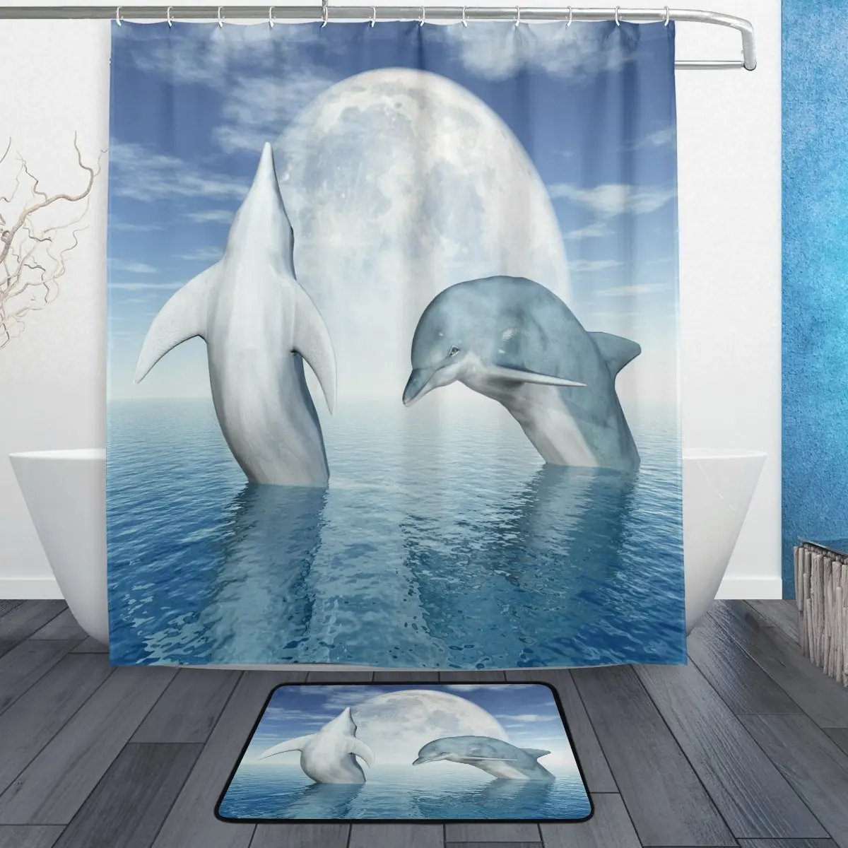 Jumping Dolphin Blue Sea Sky Waterproof Polyester Fabric Shower Curtain