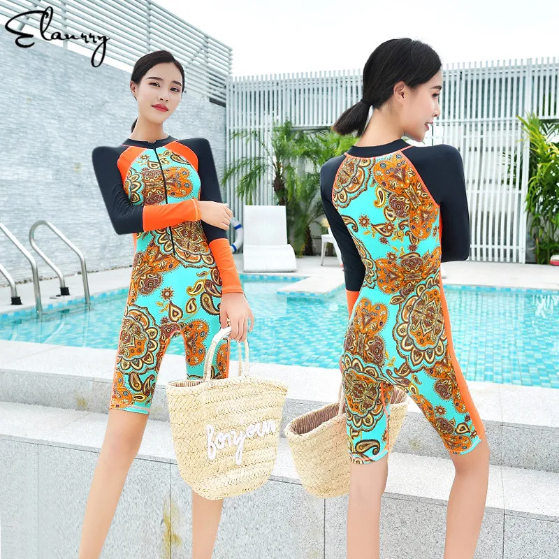

2018 Women Sport Swimsuit Plus Size Summer Ladies One Piece Surfing Suits Long Sleeves Rashguards Print Bathing Suits