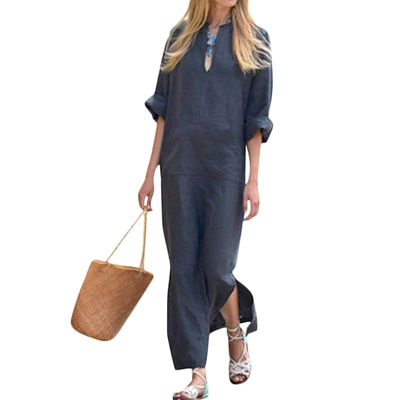 

Anself New Fashion Women Maxi Dress Solid V Neck Three Quarter Sleeve Harajuku Summer Dress Split Casual Loose Boho Long Dress